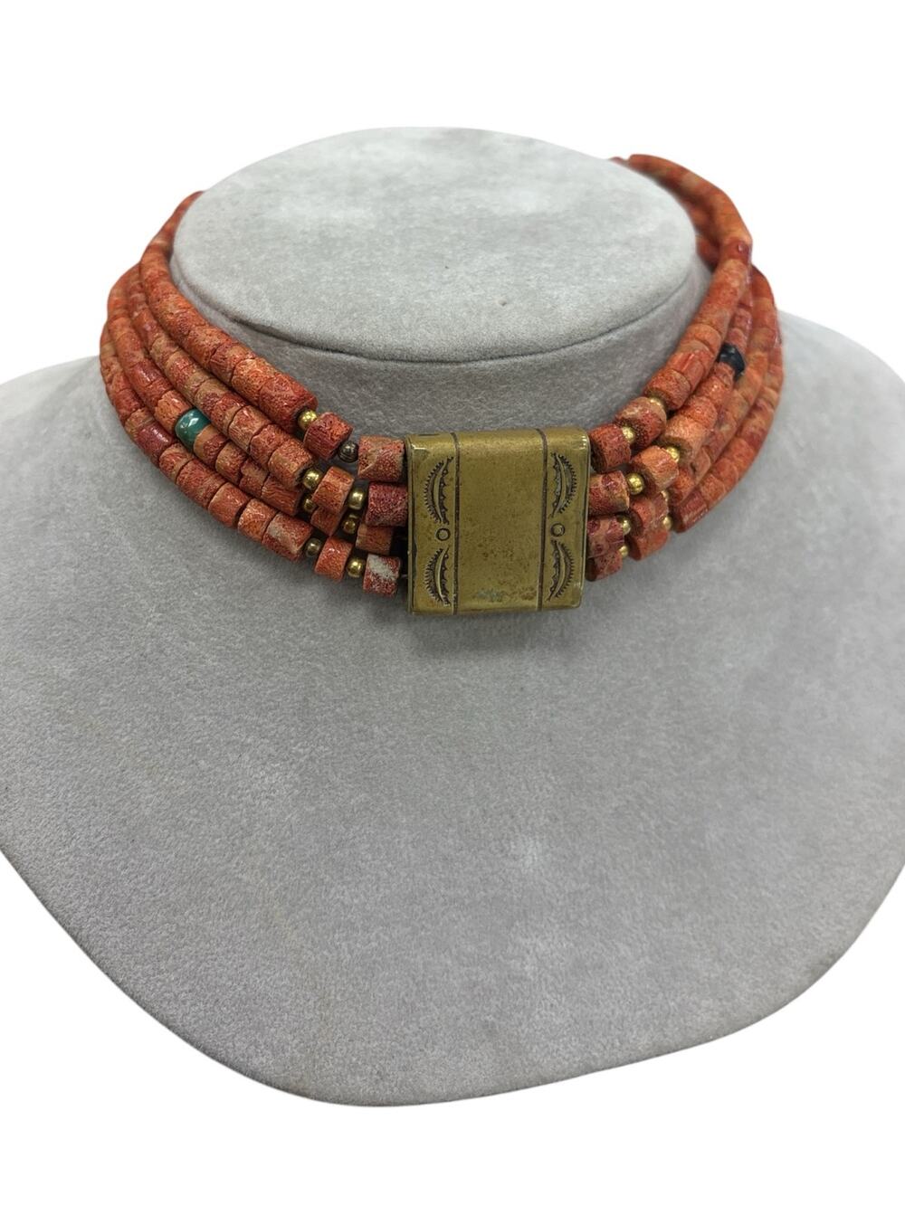 Sea Coral Beaded & Brass Vintage Necklace